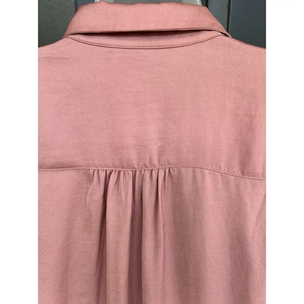 Banana Republic Pink Satin Blouse Size Med V-Neck Pleated Puff Long Sleeve Top